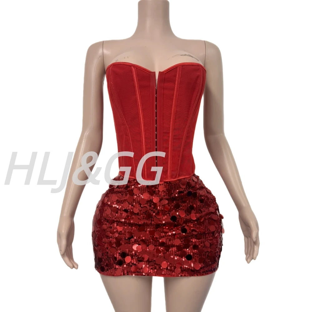 Creysie. Sexy Off Shoulder Corset Vest Two Piece Sets Women Sleeveless Backless Bandage Irregular Top + Sequin Mini Skirts Outfits