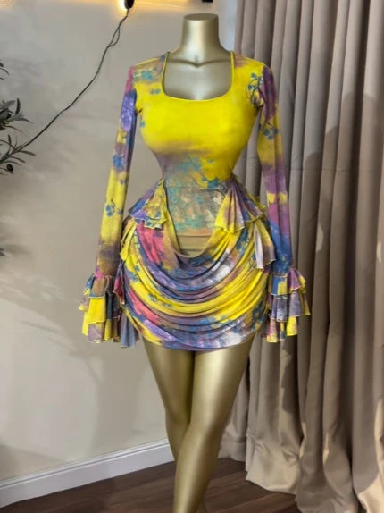 CREYSIE Women Tie Dye Print Ruffles Long Sleeve Bodycon Ruched Draped V-neck Dress 2026 Fall Street Birthday Vacation Dresses