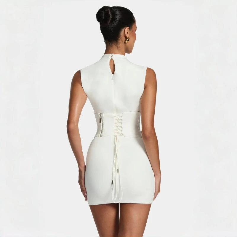 White High Neck Sleeveless Corset Mini Dress Lace-Up Back Bodycon Evening Gown For Women Party Cocktail Club Night Out 2026 New