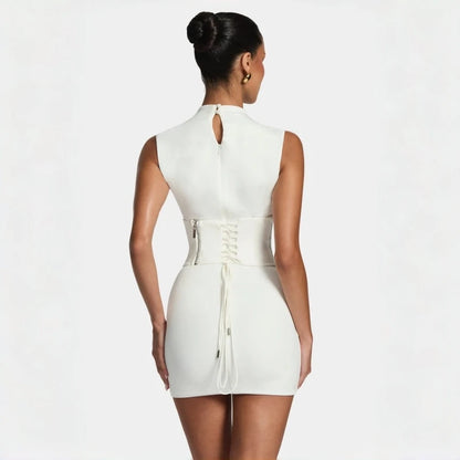 White High Neck Sleeveless Corset Mini Dress Lace-Up Back Bodycon Evening Gown For Women Party Cocktail Club Night Out 2026 New