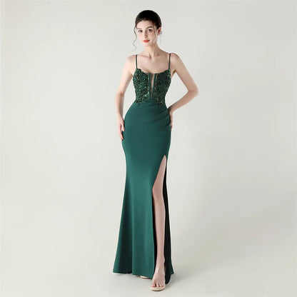 DEERVEADO Elegant Mermaid Strap Soft Satin Evening Dress with Sequins Women&