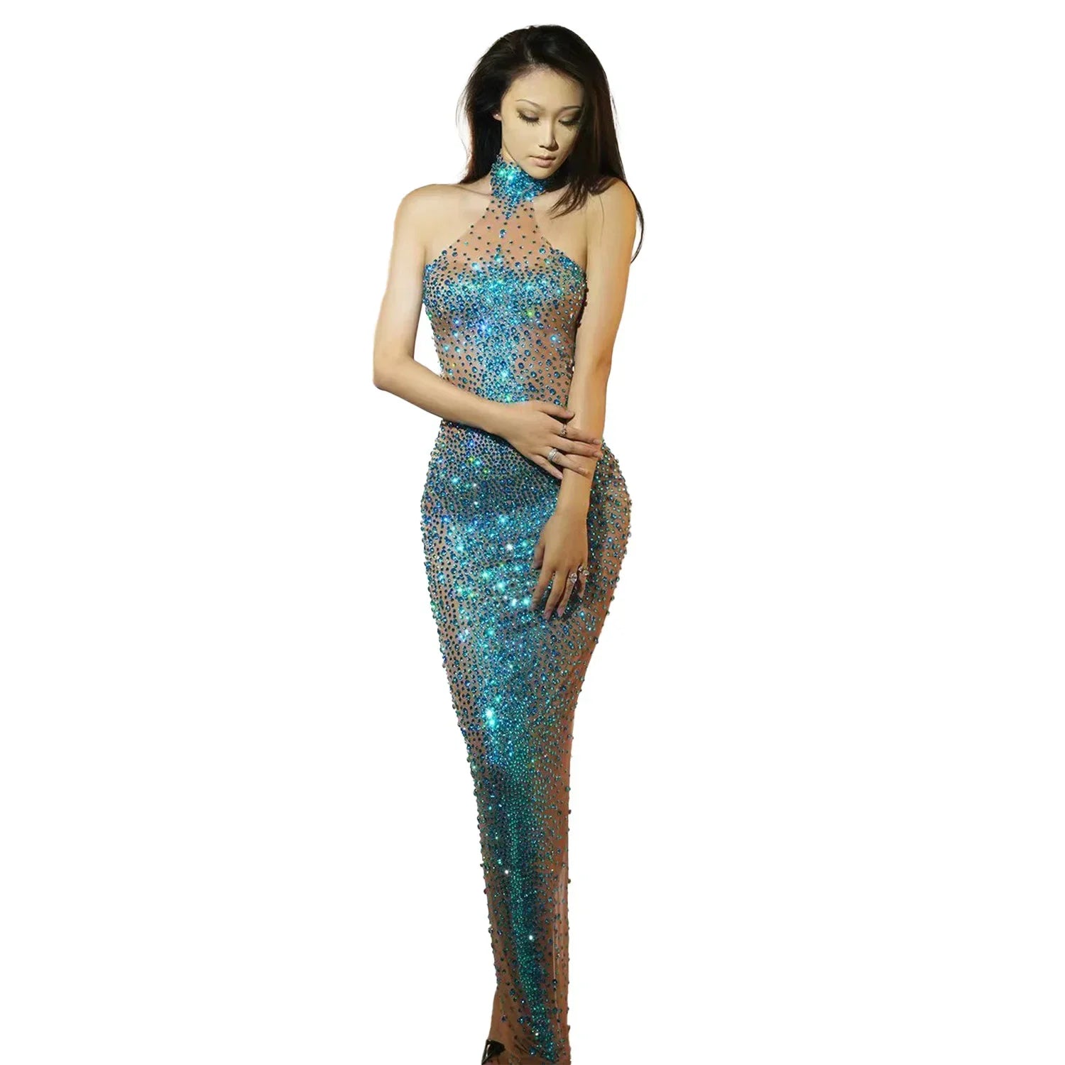 Celebration Festival Dress Sleeveless Backless Party Dress Sexy Mesh See Through Sparkling Rhinestone Mermaid Long Dress