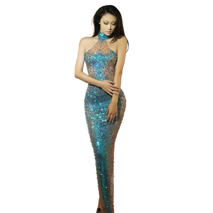 Celebration Festival Dress Sleeveless Backless Party Dress Sexy Mesh See Through Sparkling Rhinestone Mermaid Long Dress