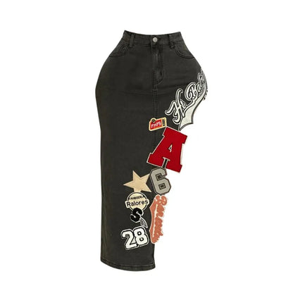 Fashion Embroidery Letter Irregular Skinny Denim Skirts Women High Waisted Button Pocket Cowboy Bottoms Female Streetwear