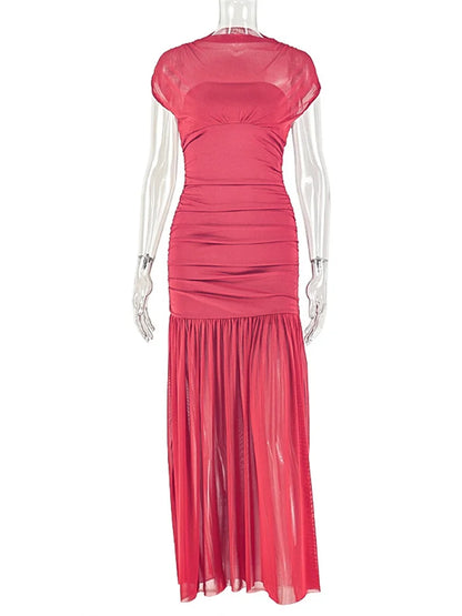 Kliou Mesh Patchwork Dress Woman Turtleneck Sleeveless Skinny High Waist Wrap Hip Midnight Prom Party Ruched Elegant Vestidos