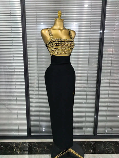 Golden Sequined Women Sleeveless Square Collar Sexy Bodycon Long Bandage Dress Celebrity Red Carpet Fashion Evening Party Dress