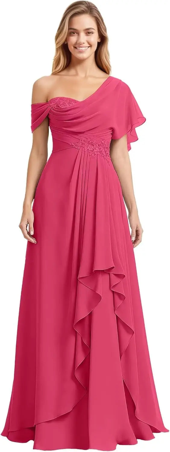 Womens Prom Dresses Off Shoulder Bridesmaid Dress for Wedding Guest 2025 Chiffon Lace Appliques Long Maxi Gowns