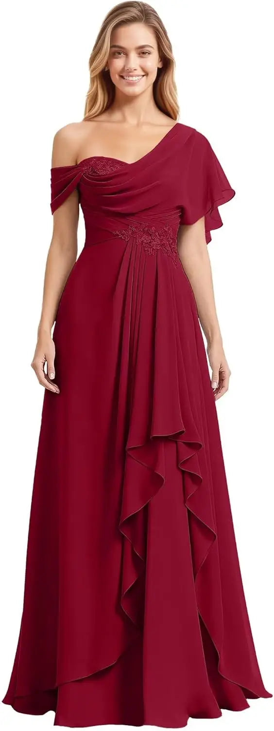 Womens Prom Dresses Off Shoulder Bridesmaid Dress for Wedding Guest 2025 Chiffon Lace Appliques Long Maxi Gowns
