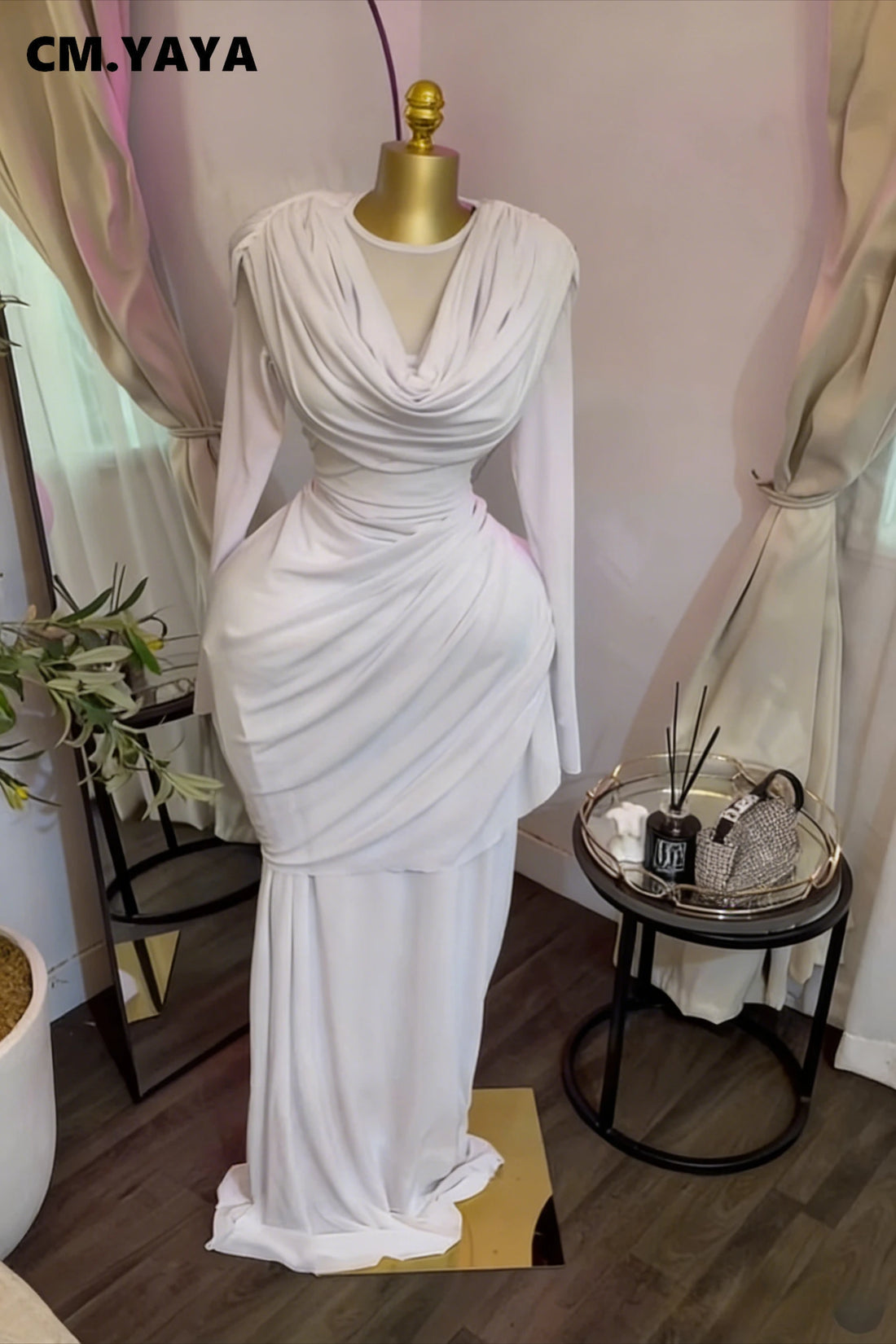 CM.YAYA Women O-neck Pile Collar Long Sleeve Ruched Maxi Long Dress 2026 Spring Sexy Cocktail Birthday Holiday Party Dresses