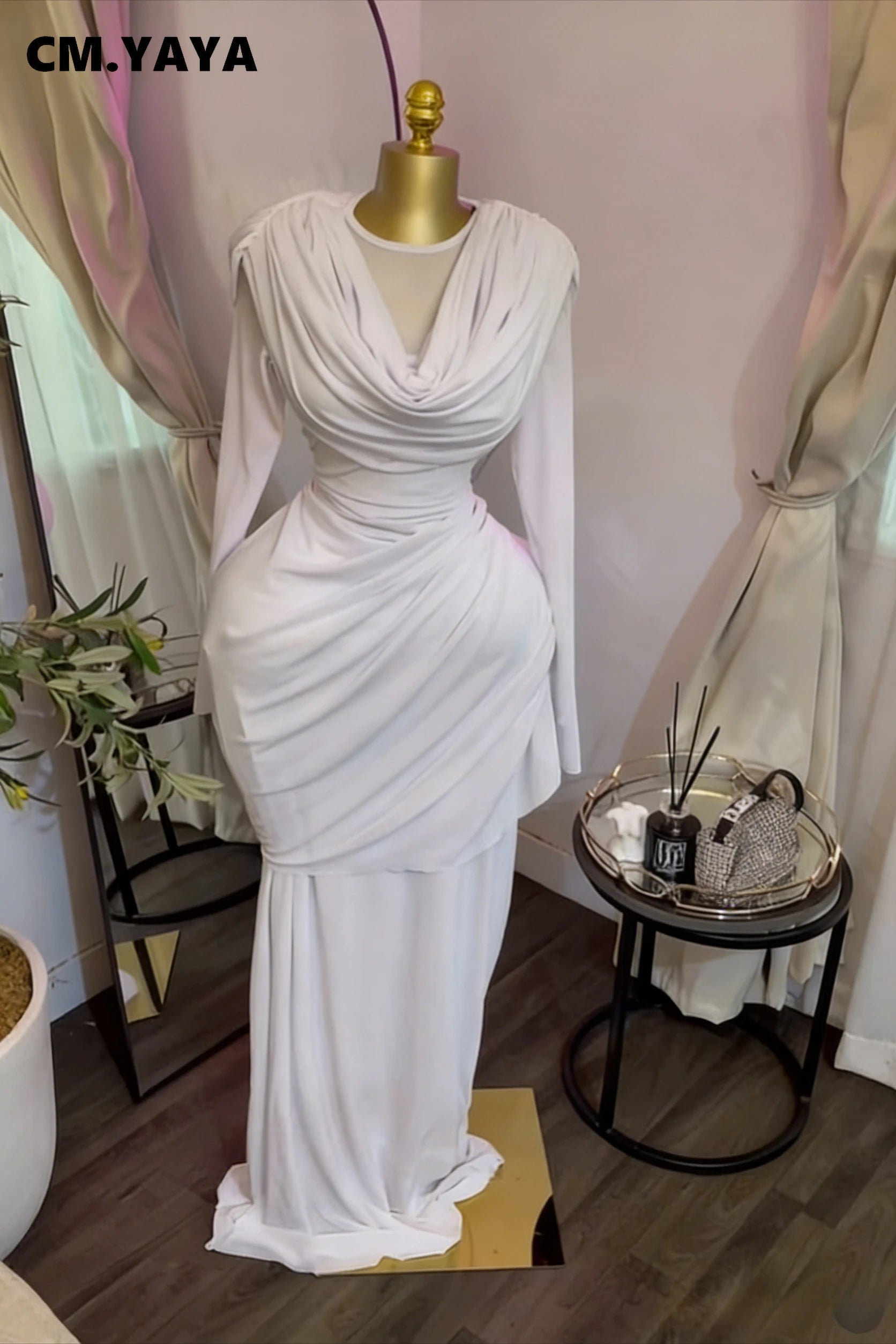 CM.YAYA Women O-neck Pile Collar Long Sleeve Ruched Maxi Long Dress 2026 Spring Sexy Cocktail Birthday Holiday Party Dresses
