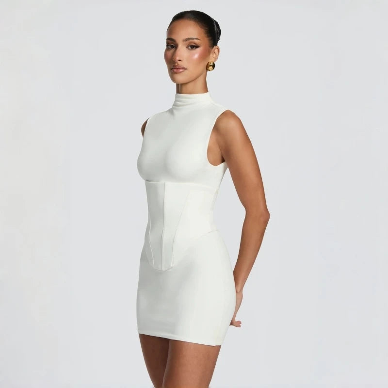 White High Neck Sleeveless Corset Mini Dress Lace-Up Back Bodycon Evening Gown For Women Party Cocktail Club Night Out 2026 New