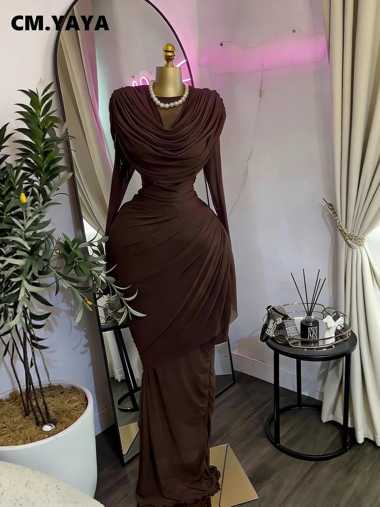 CM.YAYA Women O-neck Pile Collar Long Sleeve Ruched Maxi Long Dress 2026 Spring Sexy Cocktail Birthday Holiday Party Dresses