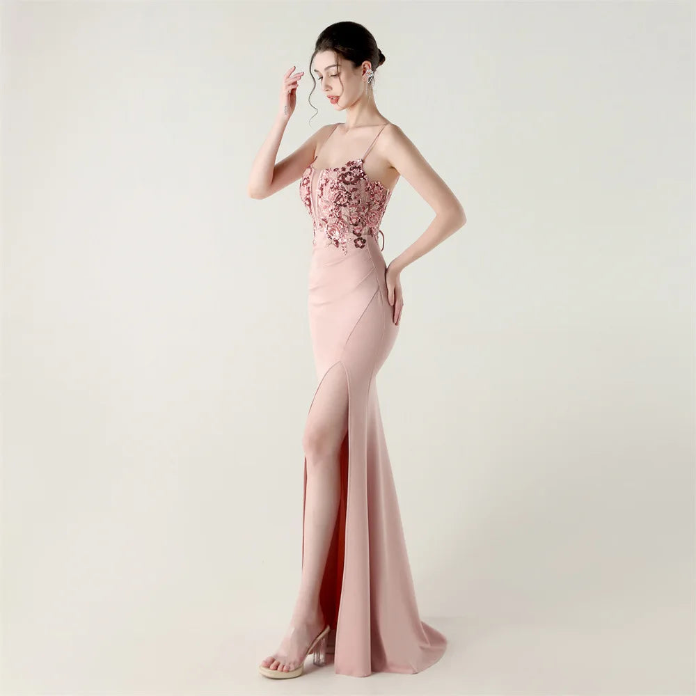 DEERVEADO Elegant Mermaid Strap Soft Satin Evening Dress with Sequins Women&