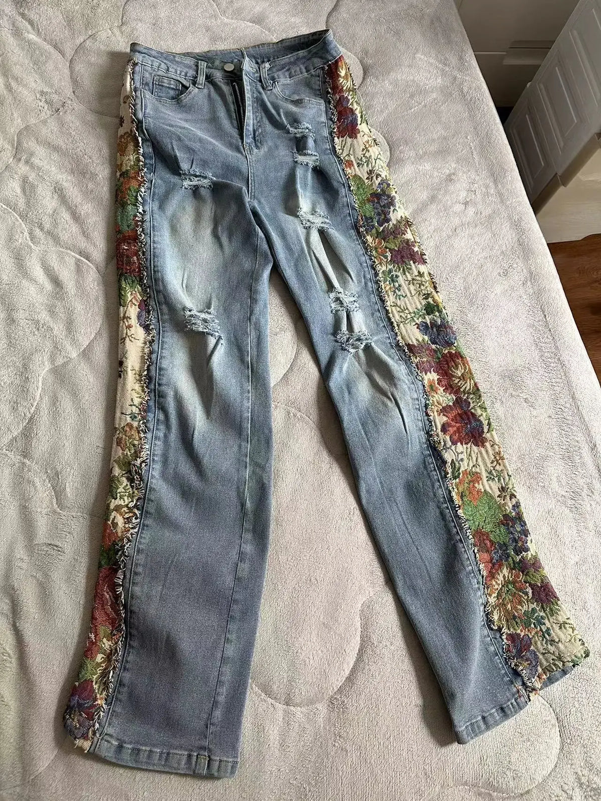 Jeans Suit Women Denim Two Piece Set Short Coat Pants Outfits Hole Trousers Flower Print Turn Down Collar Autumn 2025 Y2k