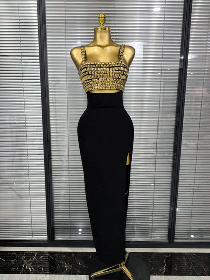Golden Sequined Women Sleeveless Square Collar Sexy Bodycon Long Bandage Dress Celebrity Red Carpet Fashion Evening Party Dress
