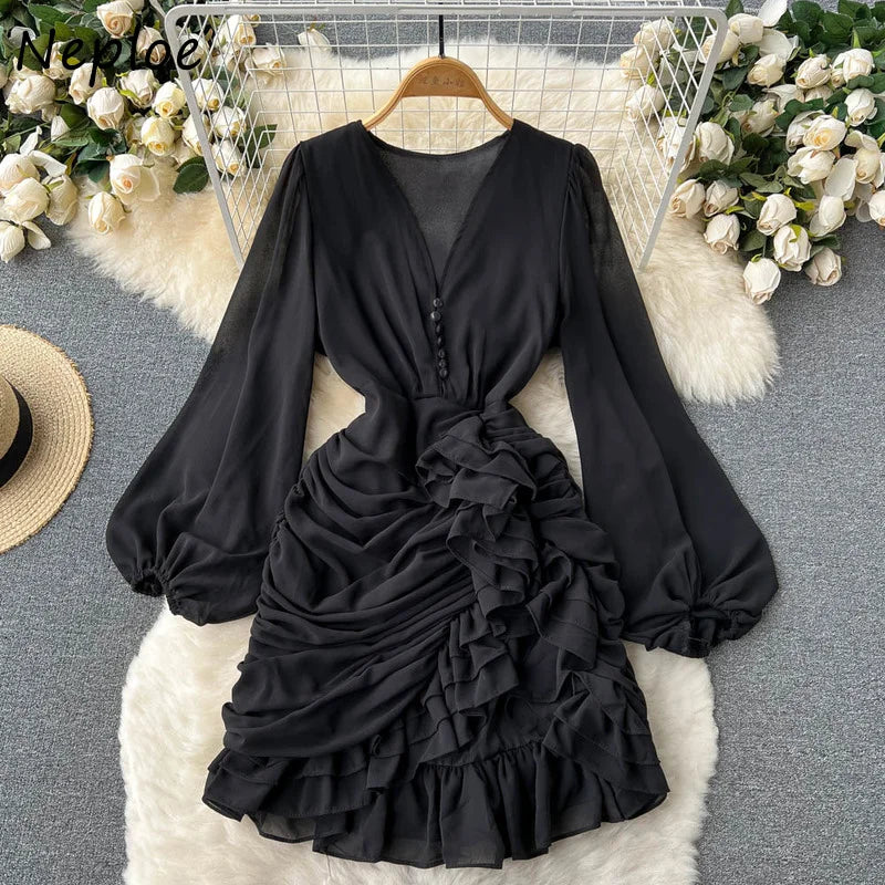 Neploe V Neck  Buttons Fishtail Dress High Waist Slim Ruffles Irregular Robe Korean Office Lady Elegant Long Sleeve Vestidos