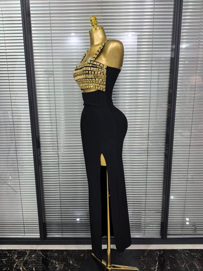 Golden Sequined Women Sleeveless Square Collar Sexy Bodycon Long Bandage Dress Celebrity Red Carpet Fashion Evening Party Dress