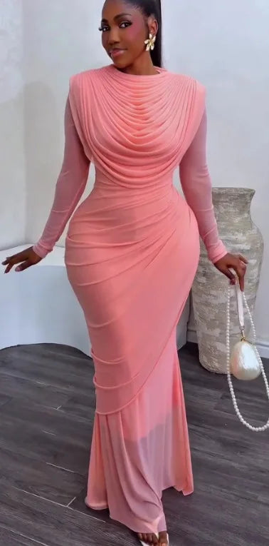 CM.YAYA Women O-neck Pile Collar Long Sleeve Ruched Maxi Long Dress 2026 Spring Sexy Cocktail Birthday Holiday Party Dresses