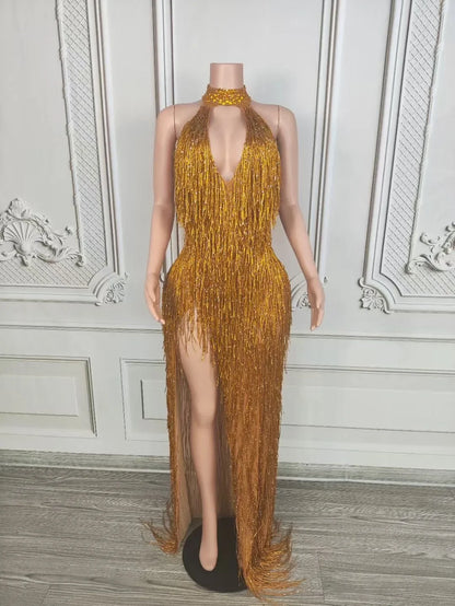 Rhinestones Fringes Long Gold Party Dress Luxury Women Sleeveless Evening Prom Gown Performance Singer Costume Birthday outfit