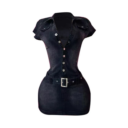 New Women Fashion Denim Dresses Belt Stretch Washed Short Dresses Sexy Girls Mini Denim Dresses Women Casual Summer Clothes