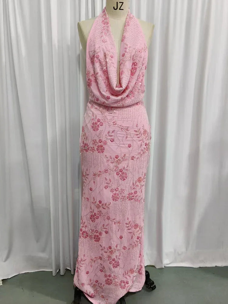 Sparkle Backless Sexy Maxi Dress Women Gown Elegant Halter Deep V Neck Sleeveless High Waist Bodycon Club Party Dresses