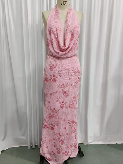 Sparkle Backless Sexy Maxi Dress Women Gown Elegant Halter Deep V Neck Sleeveless High Waist Bodycon Club Party Dresses