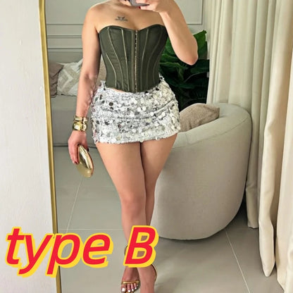 Creysie. Sexy Off Shoulder Corset Vest Two Piece Sets Women Sleeveless Backless Bandage Irregular Top + Sequin Mini Skirts Outfits