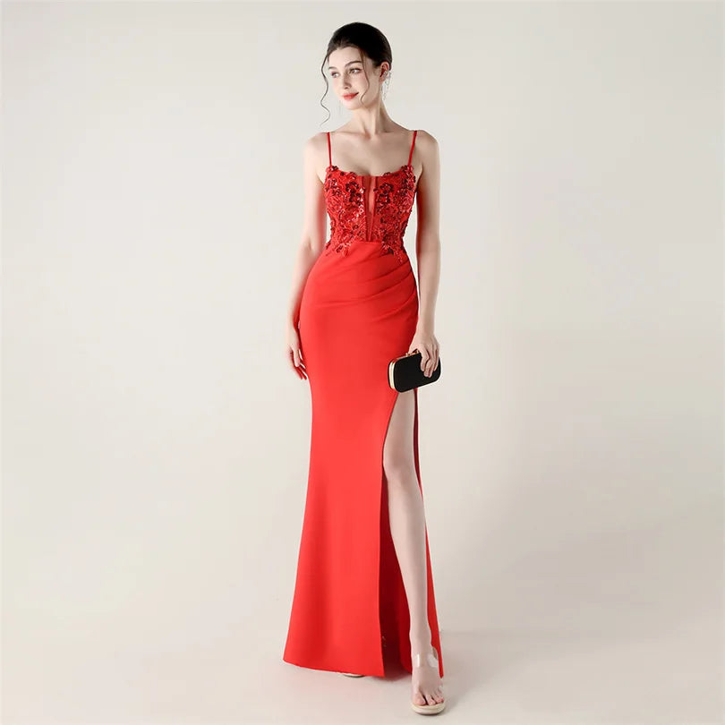 DEERVEADO Elegant Mermaid Strap Soft Satin Evening Dress with Sequins Women&