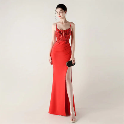 DEERVEADO Elegant Mermaid Strap Soft Satin Evening Dress with Sequins Women&