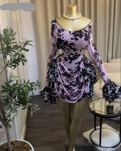CREYSIE Women Tie Dye Print Ruffles Long Sleeve Bodycon Ruched Draped V-neck Dress 2026 Fall Street Birthday Vacation Dresses