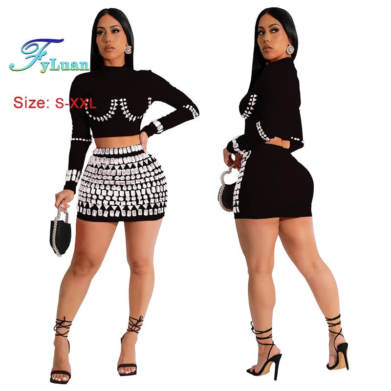 Modern style Women Long Sleeve O Neck Short Top And Sets With Diamonds Street Off Waist Short Skirt Club Vacation Outfits  Sets