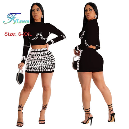 Modern style Women Long Sleeve O Neck Short Top And Sets With Diamonds Street Off Waist Short Skirt Club Vacation Outfits  Sets