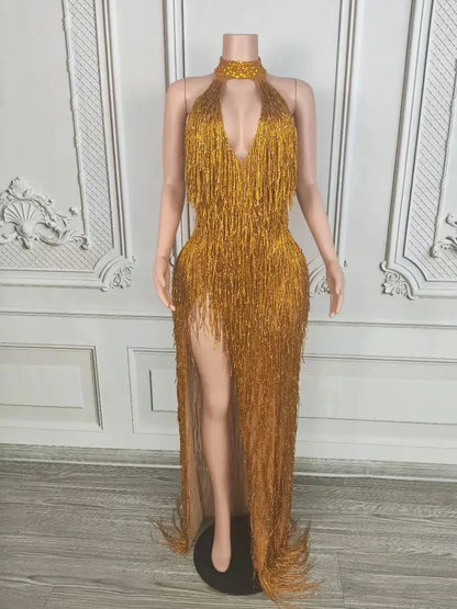 Rhinestones Fringes Long Gold Party Dress Luxury Women Sleeveless Evening Prom Gown Performance Singer Costume Birthday outfit