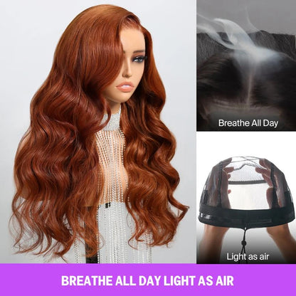 13x6 Three-Go Dark Copper Ginger Glueless Wig Loose Body Wave Hair With Drawstring Band Put On Go Human Hair Wig 210%