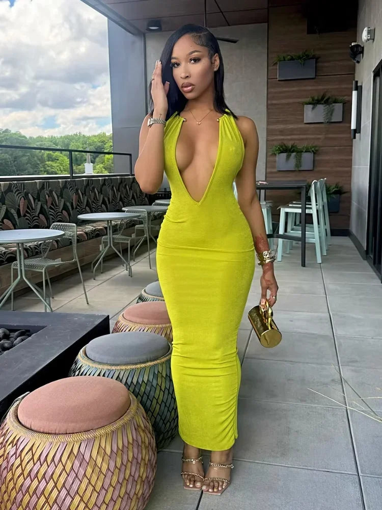 Sexy Women Deep V-neck Halter Maxi Dress Chic Solid Sleeveless Slim Fit Bodycon Dresses 2026 New Summer Club Party Evening Robes