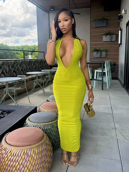 Sexy Women Deep V-neck Halter Maxi Dress Chic Solid Sleeveless Slim Fit Bodycon Dresses 2026 New Summer Club Party Evening Robes