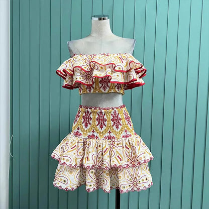 JAMERARY Summer Embroidery 2 Pieces Women Sets Slash Neck Elastic Ruffles Cropped Top + Mini Skirt Suits Hollow Out Outfits