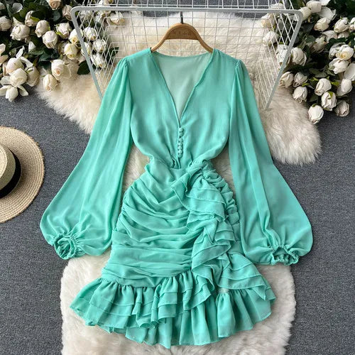 Neploe V Neck  Buttons Fishtail Dress High Waist Slim Ruffles Irregular Robe Korean Office Lady Elegant Long Sleeve Vestidos