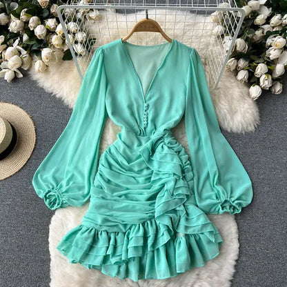 Neploe V Neck  Buttons Fishtail Dress High Waist Slim Ruffles Irregular Robe Korean Office Lady Elegant Long Sleeve Vestidos