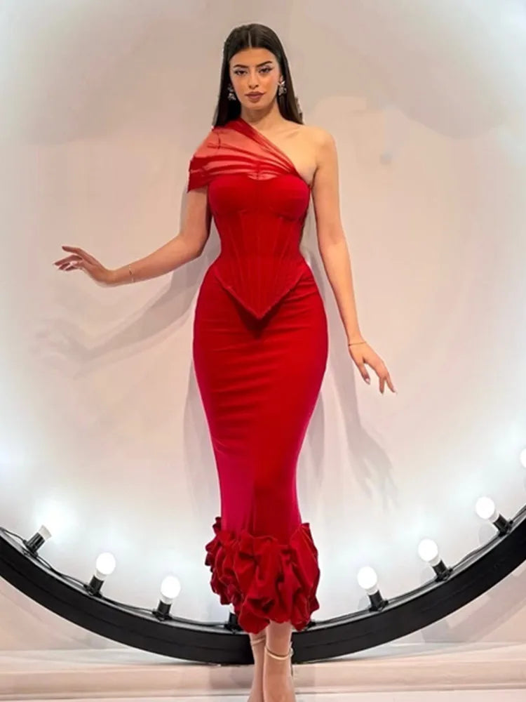 Women Sexy One Shoulder Mesh Mermaid Red Two Pieces Skirt Bandage Set 2025 Celebrity Designer Fashion Women&