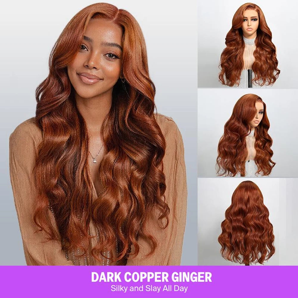 13x6 Three-Go Dark Copper Ginger Glueless Wig Loose Body Wave Hair With Drawstring Band Put On Go Human Hair Wig 210%