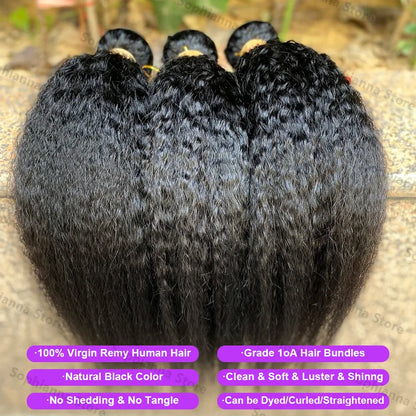 30 Inch 100% Human Hair Indian 12A Kinky Straight 3 Bundles Raw Virgin Unprocessed Yaki Straight Double Weft Bulk Braiding Hair